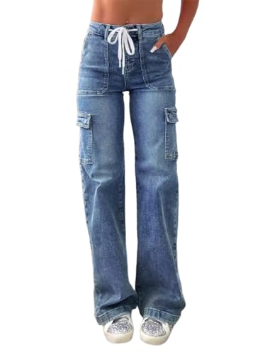 shownicer Baggy Jeans Damen Cargohose High Waist Jeanshosen Weites Bein Stretch Straight Jean Hosen Casual Lose Damenhose Freizeithose Wide Leg Denim Pants A Dunkelblau S von shownicer