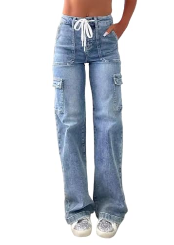 shownicer Baggy Jeans Damen Cargohose High Waist Jeanshosen Weites Bein Stretch Straight Jean Hosen Casual Lose Damenhose Freizeithose Wide Leg Denim Pants A Hellblau L von shownicer