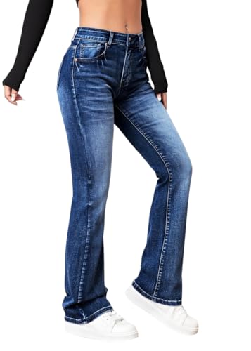 shownicer Baggy Jeans Damen High Waist Bootcut Schlaghose Stretch Casual Jeanshose Freizeithose A Dunkelblau XL von shownicer