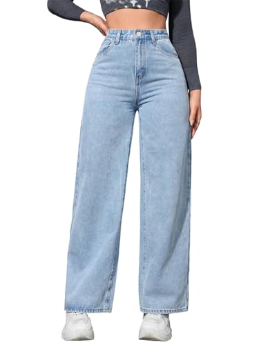 shownicer Baggy Jeans Damen High Waist Jean Boyfriend Weites Bein Jeanshosen Wide Leg Jeans Stretch Straight Jean Casual Damenjeans Denim Pants A Hellblau L von shownicer