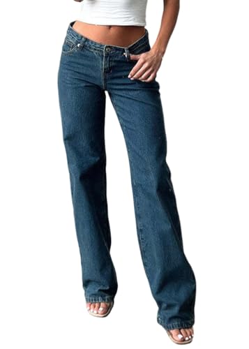 shownicer Baggy Jeans Damen High Waist Jean Weites Bein Jeanshosen Casual Wide Leg Jeans Stretch Straight Jean Damenjeans Denim Pants A Dunkelblau S von shownicer