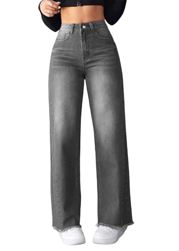 shownicer Baggy Jeans Damen High Waist Jeanshosen Weites Bein Jeans Hosen Wide Leg Jeans Stretch Straight Jeans Casual Lose Damenhose Freizeithose Denim Pants A Grau XL von shownicer