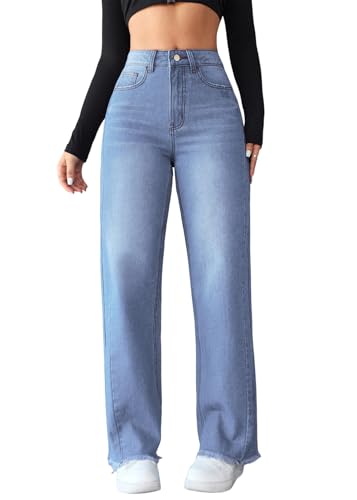 shownicer Baggy Jeans Damen High Waist Jeanshosen Weites Bein Jeans Hosen Wide Leg Jeans Stretch Straight Jeans Casual Lose Damenhose Freizeithose Denim Pants A Hellblau XS von shownicer