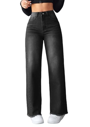 shownicer Baggy Jeans Damen High Waist Jeanshosen Weites Bein Jeans Hosen Wide Leg Jeans Stretch Straight Jeans Casual Lose Damenhose Freizeithose Denim Pants A Schwarz XS von shownicer
