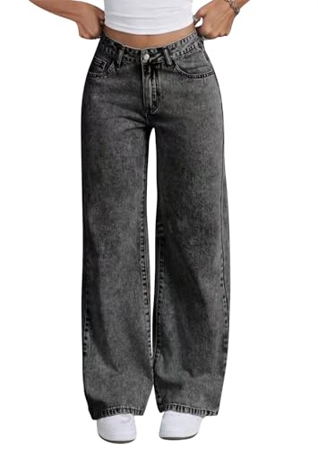 shownicer Baggy Jeans Damen High Waist Jeanshosen Weites Bein Jeans Hosen Wide Leg Jeans Stretch Straight Jeans Casual Lose Damenhose Freizeithose Denim Pants B Grau XXL von shownicer