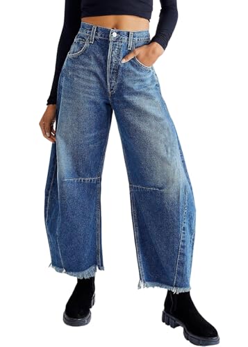 shownicer Baggy Jeans Damen High Waist Jeanshosen Weites Bein Jeans Straight Jeans Hosen Casual Lose Damenhose Freizeithose Wide Leg Denim Pants A Dunkelblau L von shownicer