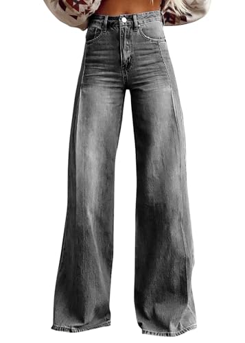 shownicer Baggy Jeans Damen High Waist Jeanshosen Weites Bein Jeans Straight Stretch Jean Lose Casual Damenhose Jean Hosen Freizeithose Wide Leg Denim Pants A Grau L von shownicer