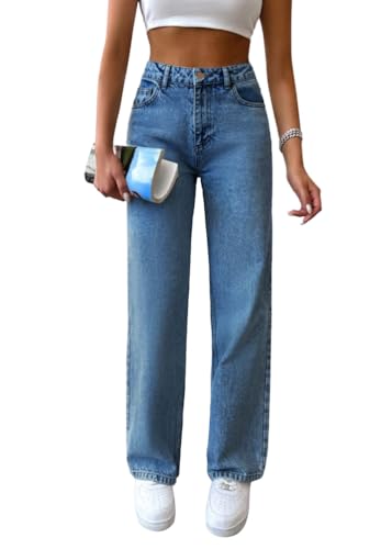 shownicer Baggy Jeans Damen High Waist Jeanshosen Weites Bein Jeans Straight Jeans Stretch Jeans Hosen Casual Lose Damenhose Freizeithose Wide Leg Denim Pants A Dunkelblau L von shownicer