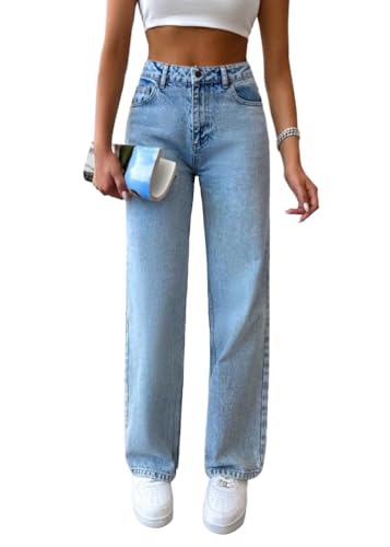 shownicer Baggy Jeans Damen High Waist Jeanshosen Weites Bein Jeans Straight Jeans Stretch Jeans Hosen Casual Lose Damenhose Freizeithose Wide Leg Denim Pants A Hellblau S von shownicer