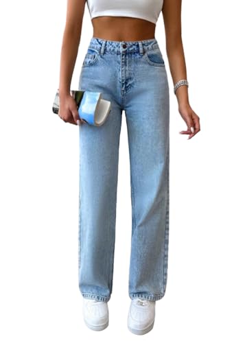 shownicer Baggy Jeans Damen High Waist Jeanshosen Weites Bein Jeans Straight Jeans Stretch Jeans Hosen Casual Lose Damenhose Freizeithose Wide Leg Denim Pants A1 Hellblau L von shownicer