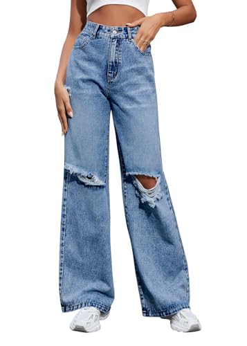 shownicer Baggy Jeans Damen High Waist Jeanshosen Weites Bein Jeans Straight Jeans Stretch Jeans Hosen Casual Lose Damenhose Freizeithose Wide Leg Denim Pants B Dunkelblau S von shownicer