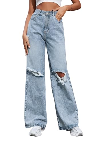 shownicer Baggy Jeans Damen High Waist Jeanshosen Weites Bein Jeans Straight Jeans Stretch Jeans Hosen Casual Lose Damenhose Freizeithose Wide Leg Denim Pants B Hellblau M von shownicer