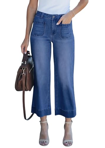 shownicer Baggy Jeans Damen High Waist Jeanshosen Weites Bein Jeans Straight Jeans Stretch Jeans Hosen Lose Casual Damenhose Jeans Freizeithose Wide Leg Denim Pants A Dunkelblau XL von shownicer