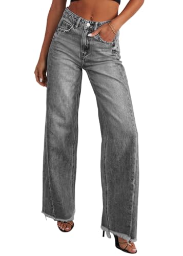shownicer Baggy Jeans Damen High Waist Jeanshosen Weites Bein Jeans Straight Jeans Stretch Jeans Hosen Lose Casual Damenhose Jeans Freizeithose Wide Leg Denim Pants C Grau M von shownicer