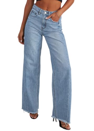 shownicer Baggy Jeans Damen High Waist Jeanshosen Weites Bein Jeans Straight Jeans Stretch Jeans Hosen Lose Casual Damenhose Jeans Freizeithose Wide Leg Denim Pants C Hellblau M von shownicer