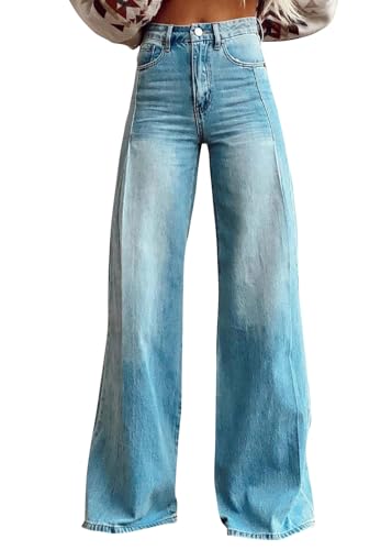 shownicer Baggy Jeans Damen High Waist Jeanshosen Weites Bein Jeans Straight Stretch Jean Lose Casual Damenhose Jean Hosen Freizeithose Wide Leg Denim Pants A Hellblau 3XL von shownicer