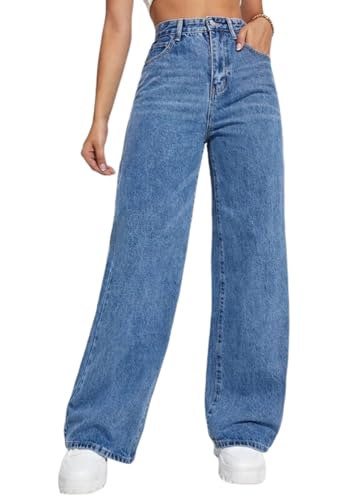 shownicer Baggy Jeans Damen High Waist Jeanshosen Weites Bein Jeans Stretch Straight Jeans Hosen Casual Lose Damenhose Freizeithose Wide Leg Denim Pants A Dunkelblau L von shownicer