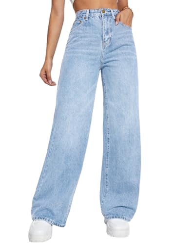 shownicer Baggy Jeans Damen High Waist Jeanshosen Weites Bein Jeans Stretch Straight Jeans Hosen Casual Lose Damenhose Freizeithose Wide Leg Denim Pants A Hellblau XL von shownicer