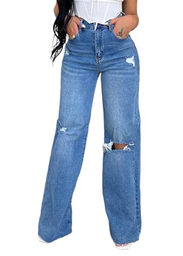 shownicer Baggy Jeans Damen High Waist Jeanshosen Weites Bein Jeans Stretch Straight Jeans Hosen Casual Lose Damenhose Freizeithose Wide Leg Denim Pants B Dunkelblau L von shownicer
