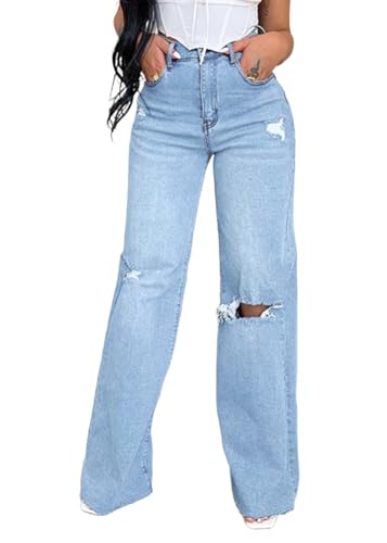 shownicer Baggy Jeans Damen High Waist Jeanshosen Weites Bein Jeans Stretch Straight Jeans Hosen Casual Lose Damenhose Freizeithose Wide Leg Denim Pants B Hellblau XL von shownicer