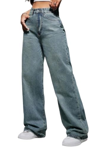 shownicer Baggy Jeans Damen High Waist Jeanshosen Weites Bein Jeans Stretch Straight Jeans Hosen Casual Lose Damenhose Freizeithose Wide Leg Denim Pants C Blau2 M von shownicer