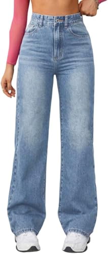 shownicer Baggy Jeans Damen High Waist Jeanshosen Weites Bein Jeans Stretch Straight Jeans Hosen Casual Lose Damenhose Freizeithose Wide Leg Denim Pants C Blau4 L von shownicer