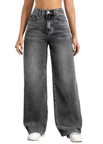 shownicer Baggy Jeans Damen High Waist Jeanshosen Weites Bein Jeans Stretch Straight Jeans Hosen Casual Lose Damenhose Freizeithose Wide Leg Denim Pants C Grau M von shownicer