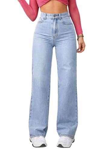 shownicer Baggy Jeans Damen High Waist Jeanshosen Weites Bein Jeans Stretch Straight Jeans Hosen Casual Lose Damenhose Freizeithose Wide Leg Denim Pants C Hellblau XS von shownicer