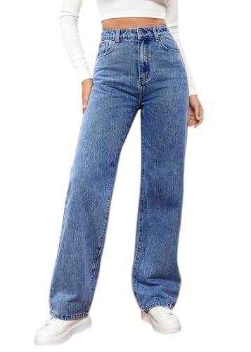 shownicer Baggy Jeans Damen High Waist Jeanshosen Weites Bein Stretch Jeans Straight Jeans Hosen Casual Lose Damenhose Freizeithose Wide Leg Denim Pants Used-Look Große Größe C Dunkelblau S von shownicer