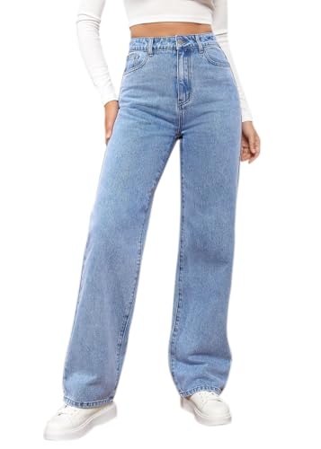 Shownicer Baggy Jeans Damen High Waist Weites Bein Stretch Straight Hosen Casual Lose Damenhose Freizeithose Wide Leg Denim Pants Used-Look Große Größe C Hellblau XL von shownicer