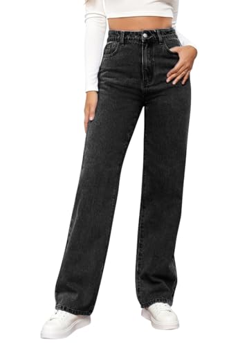 shownicer Damen High Waist Jeans - Weites Bein Stretch Jeans Straight Hosen Casual Lose Damenhose Freizeithose Wide Leg Denim Pants Used-Look Größe C Schwarz XL von shownicer
