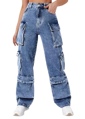 shownicer Baggy Jeans Damen High Waist Jeanshosen Weites Bein Stretch Jeans Straight Jeans Hosen Casual Lose Damenhose Freizeithose Wide Leg Denim Pants Used-Look Große Größe D Blau L von shownicer