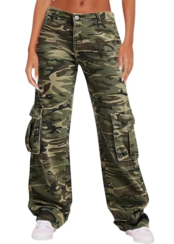 shownicer Baggy Jeans Damen High Waist Jeanshosen Weites Bein Stretch Jeans Straight Jeans Hosen Casual Lose Damenhose Freizeithose Wide Leg Denim Pants Used-Look Große Größe D Grün M von shownicer