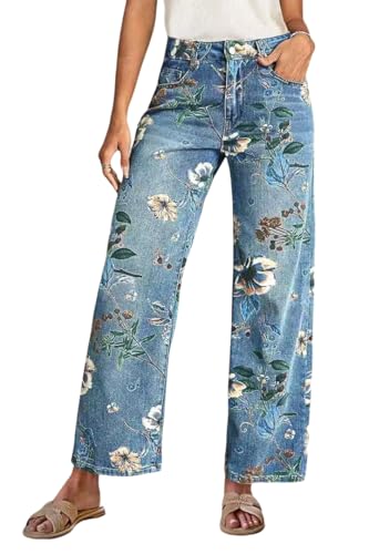 shownicer Baggy Jeans Damen High Waist Jeanshosen Wide Leg Jeans Blumendruck Weites Bein Jean Stretch Straight Jean Lose Casual Damenhose Freizeithose Denim Pants A Hellblau XL von shownicer