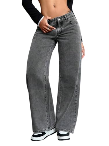 shownicer Baggy Jeans Damen High Waist Jeanshosen Y2K Weites Bein Jean Straight Jeans Hosen Casual Lose Wide Leg Denim Pants Damenhose Freizeithose A Dunkelgrau S von shownicer
