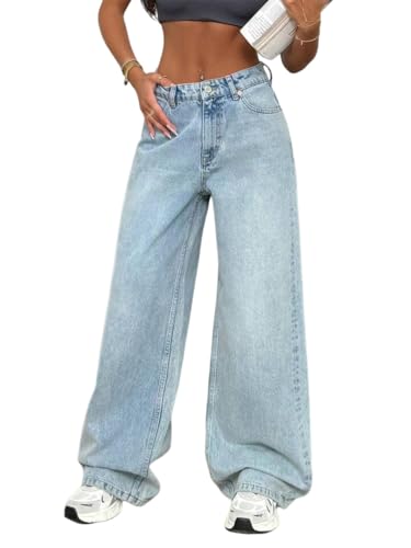 shownicer Baggy Jeans Damen High Waist Jeanshosen Y2K Weites Bein Jean Straight Jeans Hosen Casual Lose Wide Leg Denim Pants Damenhose Freizeithose A Hellblau S von shownicer