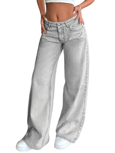 shownicer Baggy Jeans Damen High Waist Jeanshosen Y2K Weites Bein Jean Straight Jeans Hosen Casual Lose Wide Leg Denim Pants Damenhose Freizeithose A Hellgrau S von shownicer
