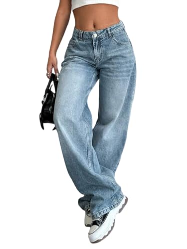 shownicer Baggy Jeans Damen High Waist Jeanshosen Y2K Weites Bein Jean Straight Jeans Hosen Casual Lose Wide Leg Denim Pants Damenhose Freizeithose B Blau M von shownicer