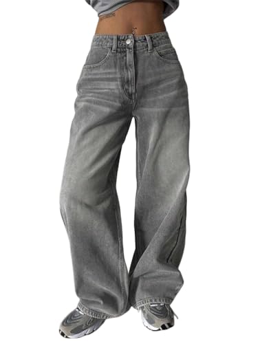 shownicer Baggy Jeans Damen High Waist Jeanshosen Y2K Weites Bein Jean Straight Jeans Hosen Casual Lose Wide Leg Denim Pants Damenhose Freizeithose B Hellgrau M von shownicer