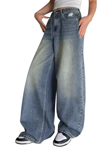 shownicer Baggy Jeans Damen High Waist Jeanshosen Y2K Weites Bein Jean Stretch Straight Jeans Hosen Casual Lose Damenhose Freizeithose Wide Leg Denim Pants A Blau XS von shownicer
