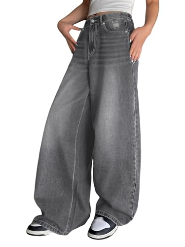 shownicer Baggy Jeans Damen High Waist Jeanshosen Y2K Weites Bein Jean Stretch Straight Jeans Hosen Casual Lose Damenhose Freizeithose Wide Leg Denim Pants A Grau M von shownicer