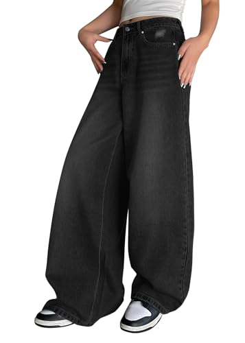 shownicer Baggy Jeans Damen High Waist Jeanshosen Y2K Weites Bein Jean Stretch Straight Jeans Hosen Casual Lose Damenhose Freizeithose Wide Leg Denim Pants A Schwarz XXL von shownicer