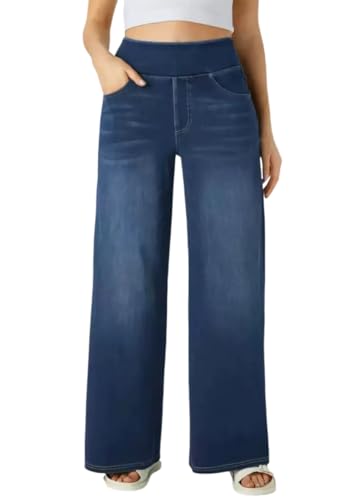 shownicer Baggy Jeans Damen Pull On Wide Leg Jean Mit Gummibund High Waist Jeanshosen Stretch Straight Jeanshosen Casual Lose Damenhose Freizeithose Wide Leg Denim Pants A Dunkelblau XXL von shownicer