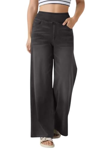 shownicer Baggy Jeans Damen Pull On Wide Leg Jean Mit Gummibund High Waist Jeanshosen Stretch Straight Jeanshosen Casual Lose Damenhose Freizeithose Wide Leg Denim Pants A Dunkelgrau M von shownicer