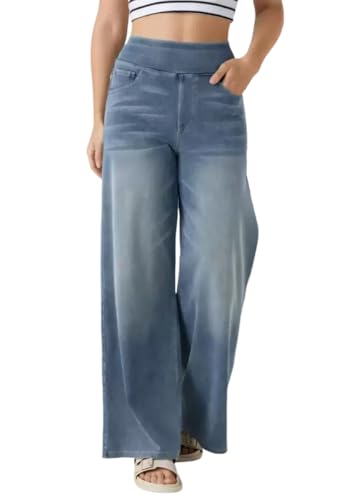 shownicer Baggy Jeans Damen Pull On Wide Leg Jean Mit Gummibund High Waist Jeanshosen Stretch Straight Jeanshosen Casual Lose Damenhose Freizeithose Wide Leg Denim Pants A Hellblau M von shownicer
