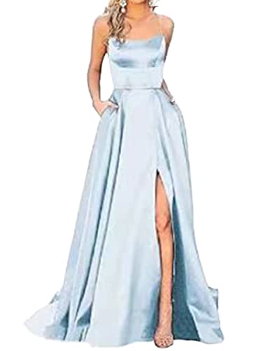 shownicer Ballkleider Lang Split Satin Festlichkleider Promkleider Lang A-Linie Abend Ballkleid Brautjungfer Kleid A1 Blau02 M von shownicer