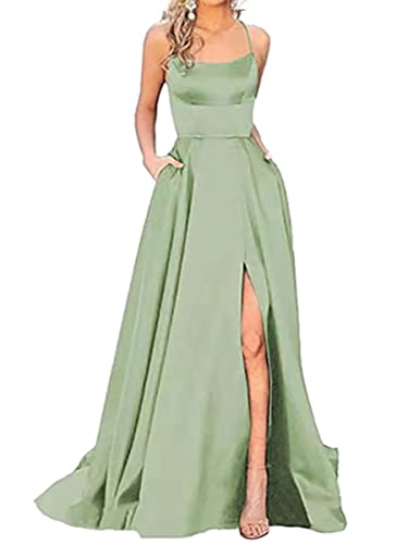 shownicer Ballkleider Lang Split Satin Festlichkleider Promkleider Lang A-Linie Abend Ballkleid Brautjungfer Kleid A1 Hellgrün XS von shownicer