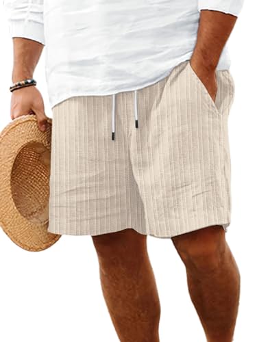 shownicer Baumwolle und Leinen Shorts Herren Sommer Leicht Leinenhose Gestreifte Strandhose Elastische Kurze Hosen Freizeithose mit Taschen A Aprikose XL von shownicer
