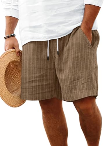 shownicer Baumwolle und Leinen Shorts Herren Sommer Leicht Leinenhose Gestreifte Strandhose Elastische Kurze Hosen Freizeithose mit Taschen A Braun XXL von shownicer