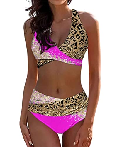 shownicer Bikini Damen GroßE Brüste Bademode Push Up Bikini Set Zweiteilige Badeanzug Strandkleidung Crossover Farbblockdruck Triangel Oberteil Bikinihose Sexy Swimsuit Set A Rosa XS von shownicer